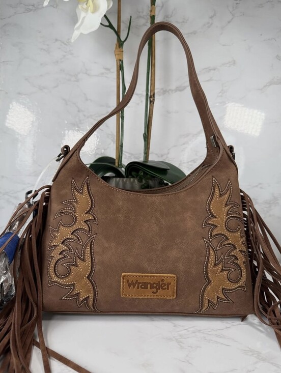 Wrangler Handbags - Wrangler Brown Fringe Shoulder Bag with Tan Accent
